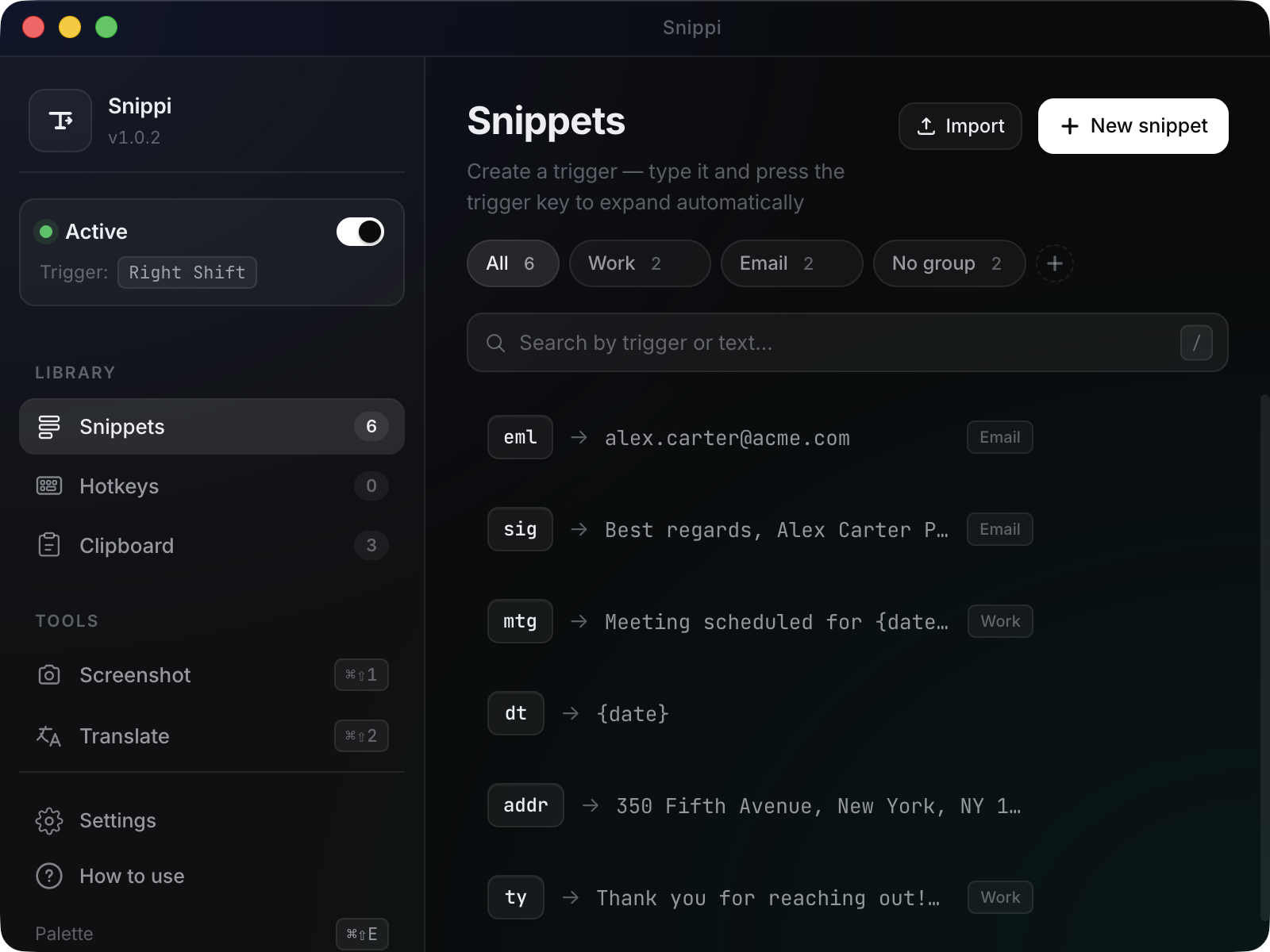 Snippi — snippet manager window (macOS, dark theme)