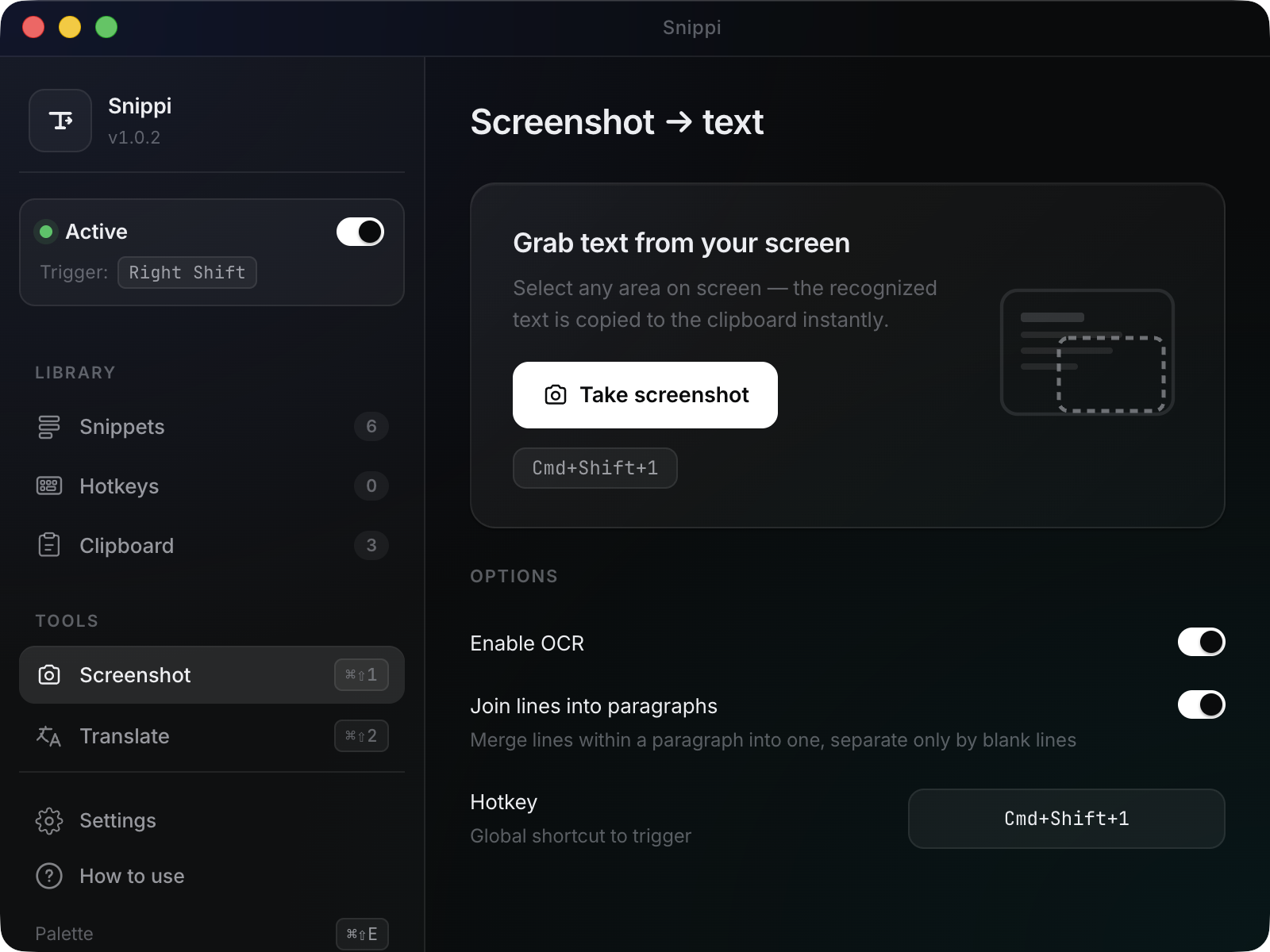 Screenshot to text (OCR) panel